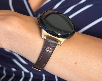 Google Pixel Watch Leather Band - Slim Strap with Gold Accents (4/3/2/1, 41mm/45mm)