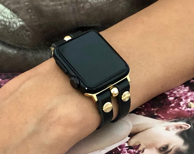 Black Leather Apple Watch Band 46mm 42mm 38mm 40mm 41mm 44mm 45mm Double Strap Gold Accents Bracelet, Feminine Smartwatch Band Strap