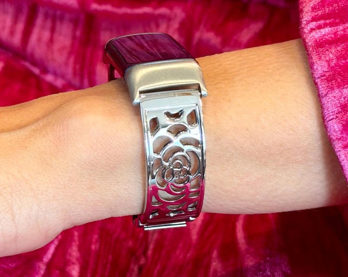 Silver Fitbit Charge 6 Band Women Floral Bracelet Adjustable Links Bangle
