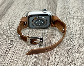 Handmade Rustic Brown Leather Apple Watch Band Slim Leather