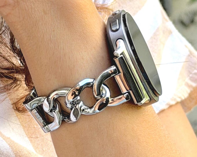 Galaxy Watch 8 Band Silver Metal Bracelet Jewelry Adjustable Links, Compatible with Classic, Charm Option