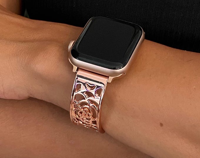 Rose Gold Metal Apple Watch Band with Heart Charm, Feminine Floral Design Bracelet for Women, Gift for Her, Adjustable Links Jewelry Bangle