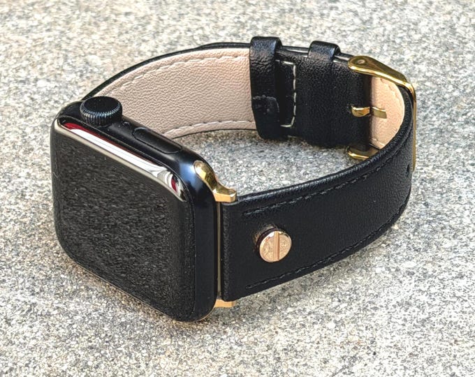 Black Leather Apple Watch Band Handmade iWatch Strap, Gold Accents Bracelet