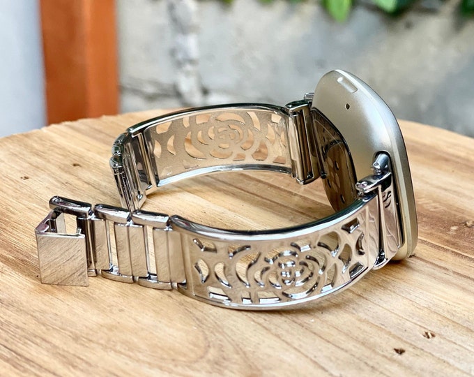 Silver Metal Fitbit Versa 3/4 Band Floral Design Jewelry Heart Charm Women Watch Bangle, Fitbit Sense 2 Band, Gift For Her