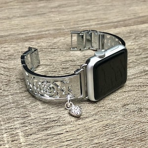 Apple Watch Band: Floral Silver Charm Bracelet, Adjustable Strap 42mm 46mm 41mm 45mm Ultra