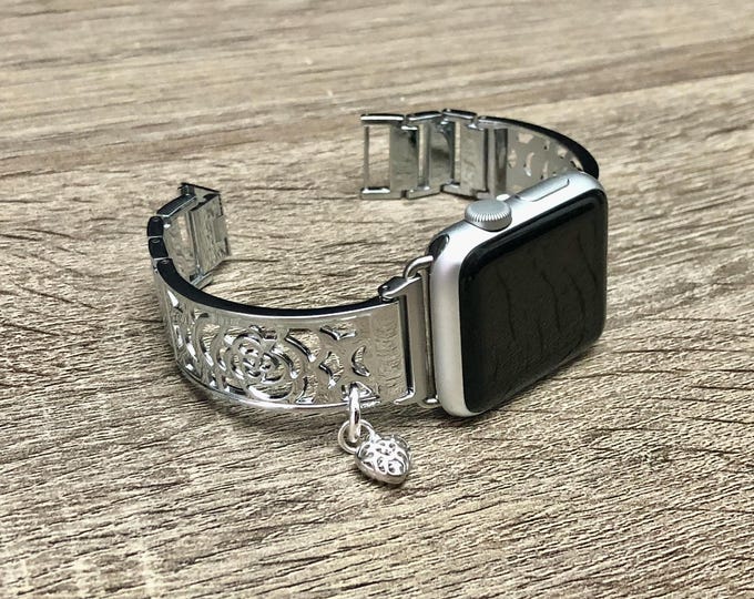 Apple Watch Band: Floral Silver Charm Bracelet, Adjustable Strap 42mm 46mm 41mm 45mm Ultra