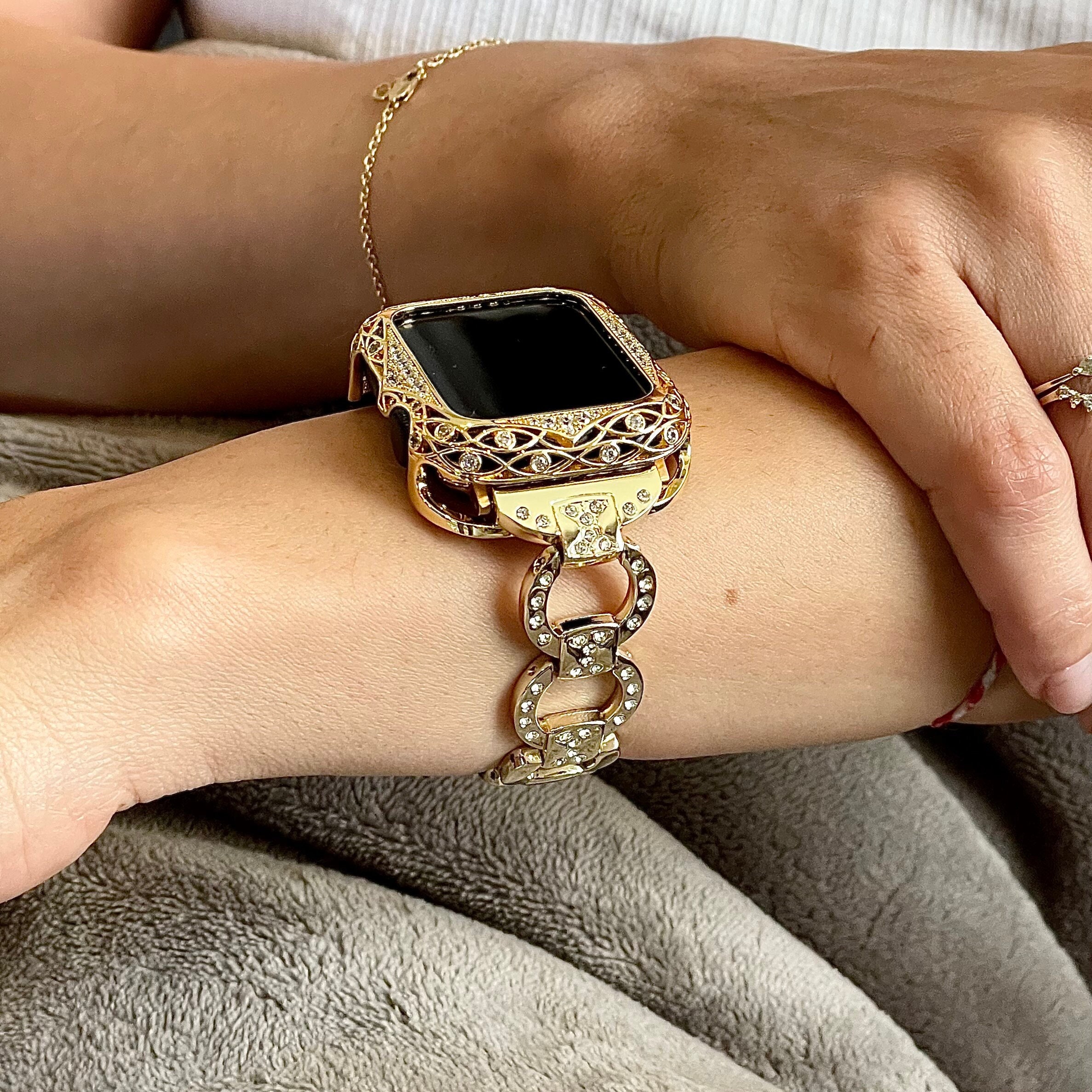 Gold Apple Watch Band and Apple Watch Case Cover with Pave Crystals