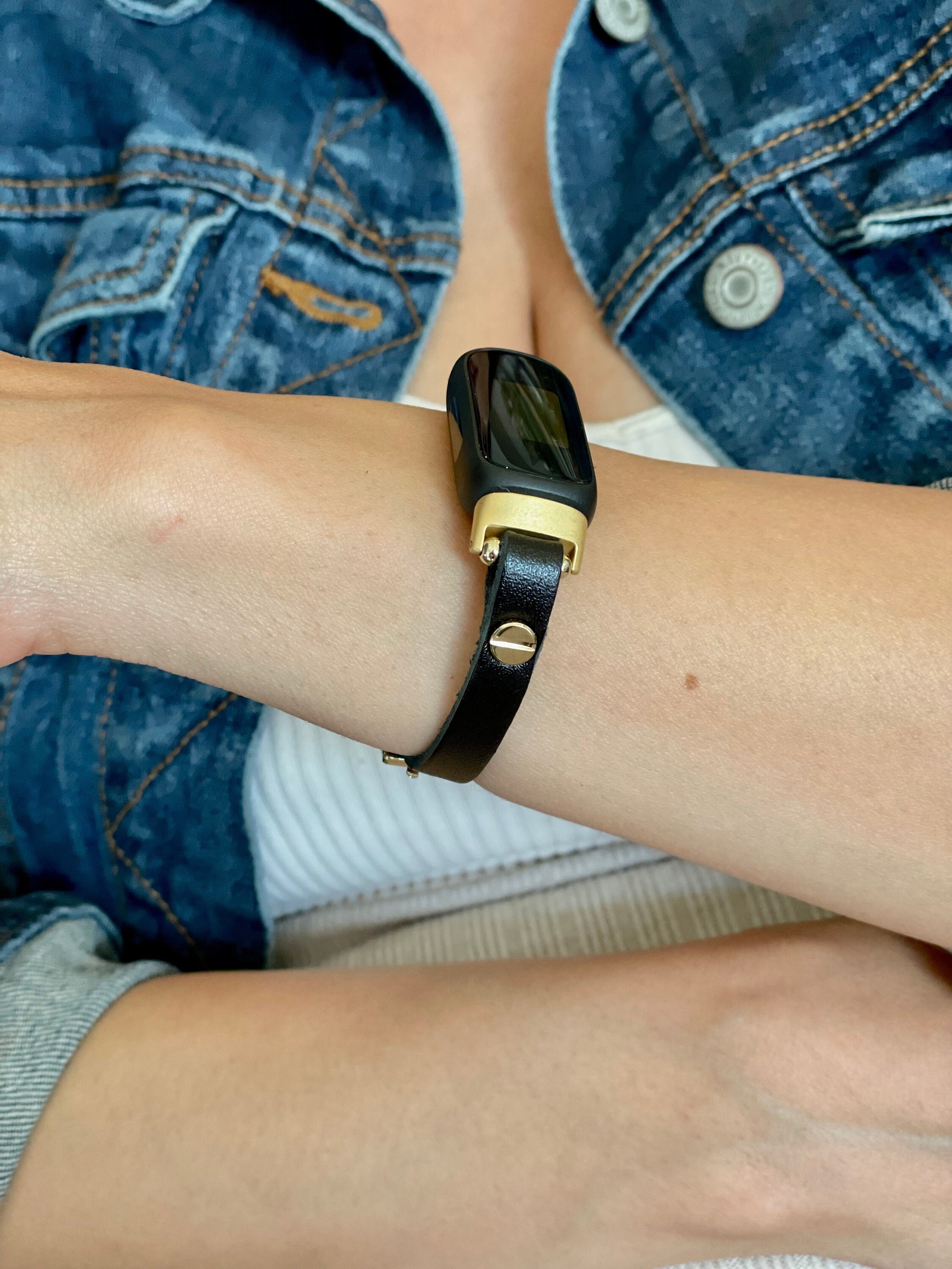 Fitbit Inspire 3 Band Slim Black Leather Bracelet Women Fitbit Inspire 3 Strap Gold Fitbit Inspire 3 Activity Tracker Band Fitbit Bands