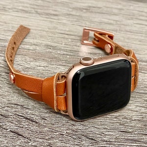 Slim Apple Watch Band for Women 9/8/7/SE Series, Rose Gold & Light Brown Leather iWatch Strap Bracelet, 38mm 40mm 41mm 42mm 44mm 45mm image 7