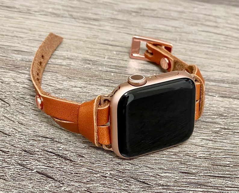 Slim Apple Watch Band for Women 9/8/7/SE Series, Rose Gold & Light Brown Leather iWatch Strap Bracelet, 38mm 40mm 41mm 42mm 44mm 45mm image 7