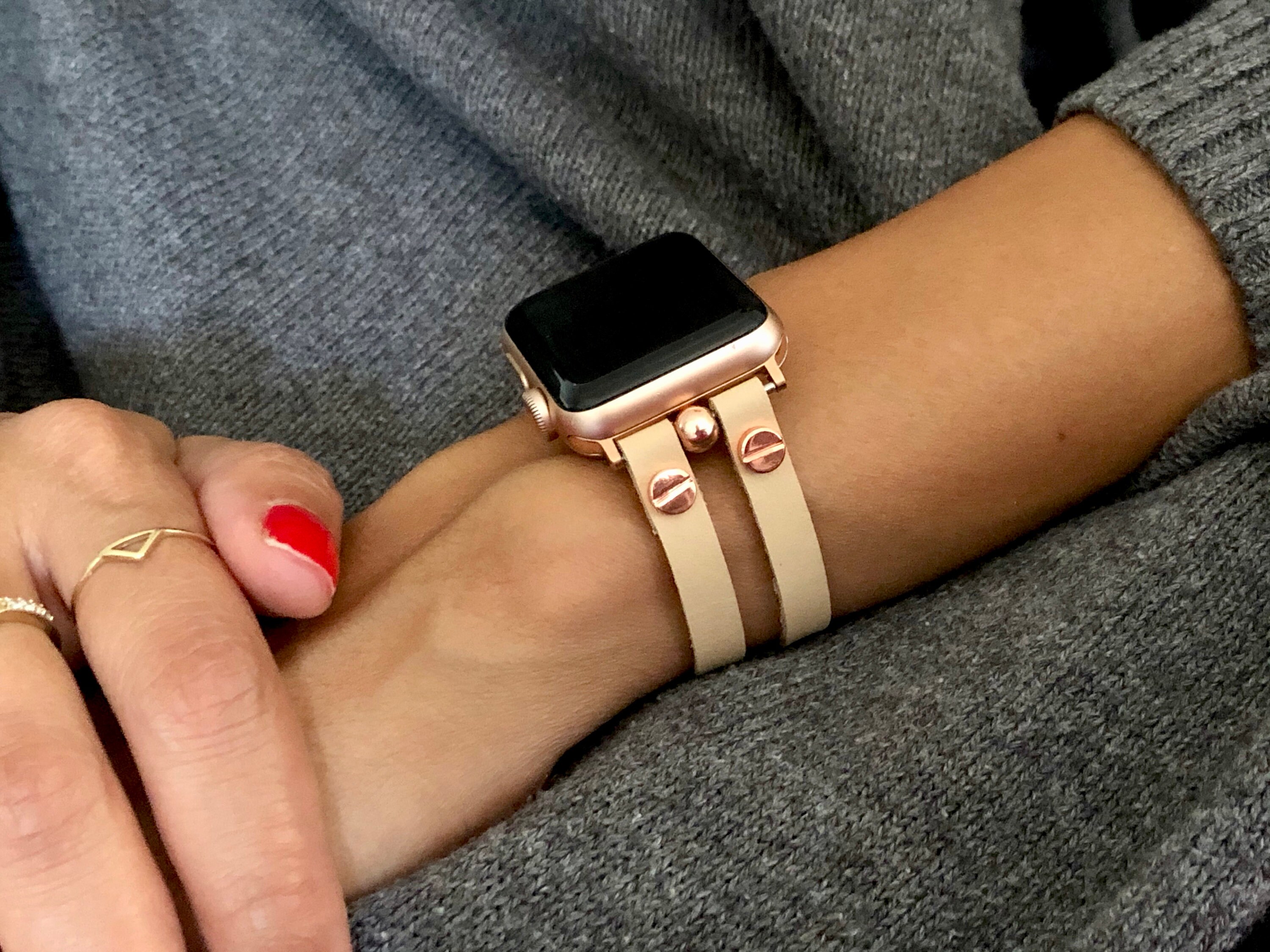 Vegan Leather Apple Watch Bracelet Cream Color & Rose Gold Apple Watch Band 38mm 40mm 42mm 44mm