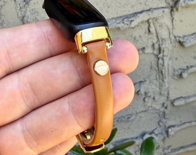 Handmade Brown Leather Fitbit Inspire 3 Band, Slim Gold Bracelet
