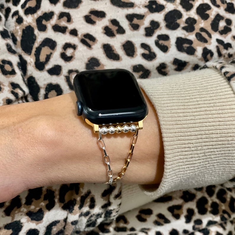 Elegante cinturino per Apple Watch da donna Bracciale a catena in metalli misti in argento sterling e oro, cinturino per Apple Watch bicolore immagine 3