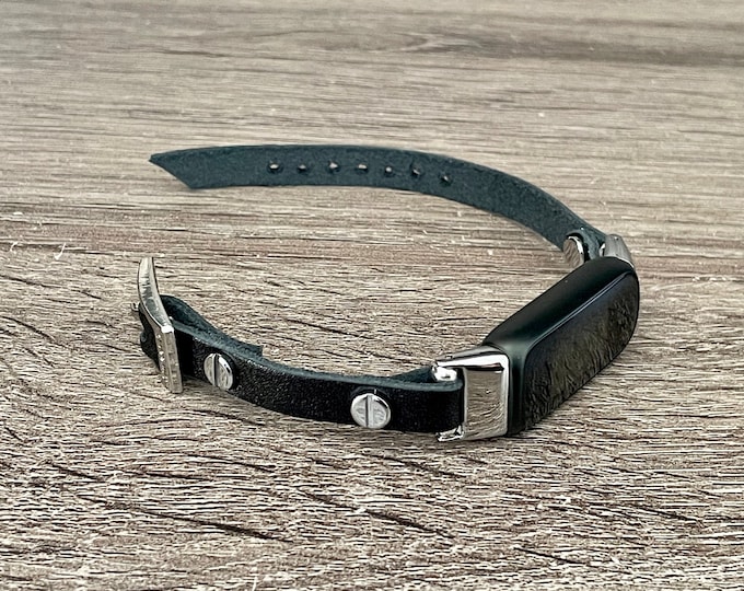 Black Leather Fitbit Luxe Band Slim Bracelet, Silver Accents Strap Wristband, Fitbit Luxe Strap, Women Accessories, Minimalist