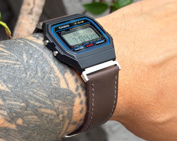 Dark Brown Casio F91W-1 Band Genuine Leather Strap Adjustable Bracelet