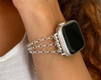 Elegant Sterling Silver Apple Watch Band Chain Bracelet, Luxury Women's Jewelry Strap