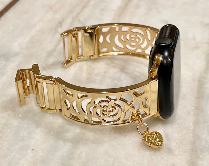 Gold Apple Watch Band - Luxury Women Jewelry - Apple Watch Links Bracelet - Charm Watch Strap - Gift for Her - Adjustable Metal Watch Bands
