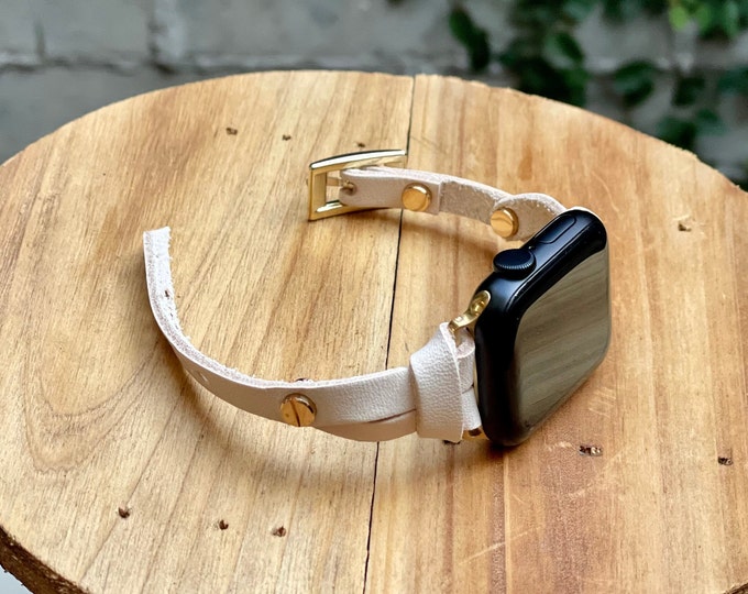 Off-White Color Leather Apple Watch Band Slim Strap Women 38mm 40mm 41mm 42mm 44mm 45mm 49mm Ultra Bracelet Gold Accents Minimalist Style