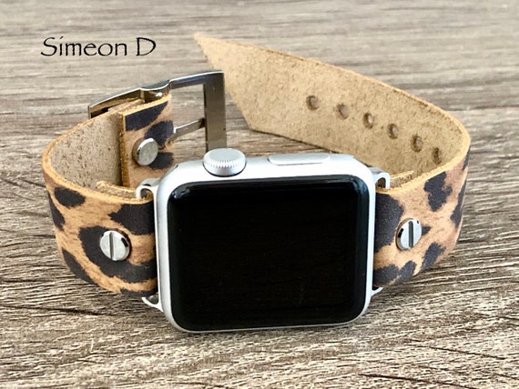 Leopard Print Leather Bracelet For Apple Watch 38mm 40mm 41mm 42mm 44mm  45mm Handmade Women Fashion Design iWatch Band Rose Gold Jewelry Adjustable