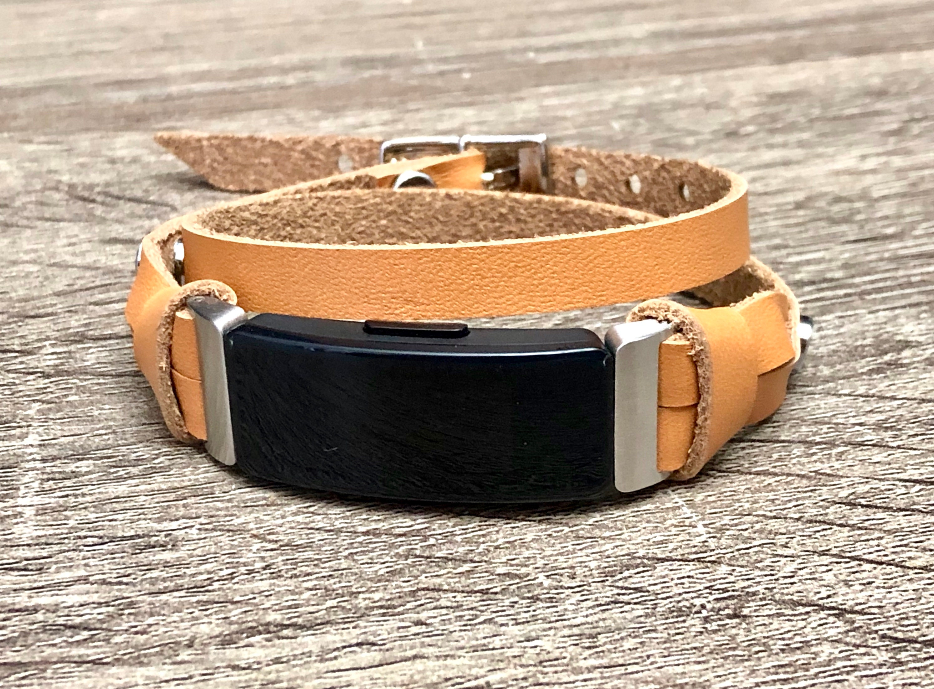 Tan Color Leather Fitbit Inspire Band Double Wrap Silver ...