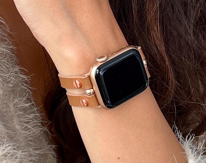 Eco Friendly Leather Apple Watch Band Bracelet Strap 46mm 42mm 40mm 41mm 45mm 44mm, Women iWatch Band - Leather Strap with Rose Gold Accents
