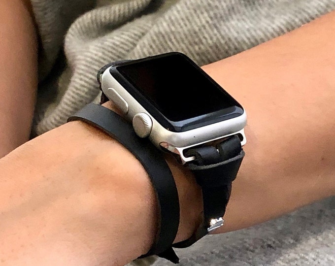 Apple Watch 41mm 40mm 44mm 45mm Band Women iWatch Double Wrap Black Leather Strap Apple Watch Bracelet Silver Apple Watchband Jewelry 38m