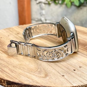 Elegant Fitbit Versa 4 Band Silver Floral Metal Smart Watch Bracelet, Heart Charm Bracelet, Smartwatch Band, Adjustable Links Watch Strap