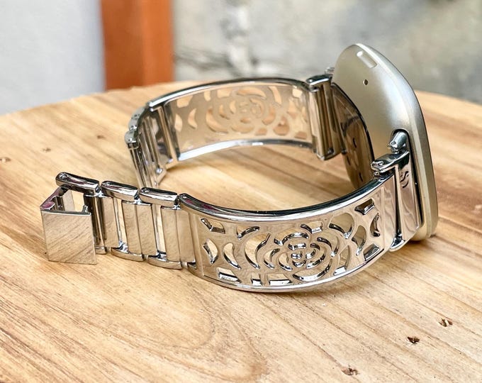 Elegant Fitbit Versa 4 Band Silver Floral Metal Smart Watch Bracelet, Heart Charm Bracelet, Smartwatch Band, Adjustable Links Watch Strap
