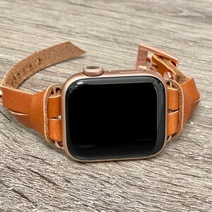 Slim Apple Watch Band for Women 9/8/7/SE Series, Rose Gold & Light Brown Leather iWatch Strap Bracelet, 38mm 40mm 41mm 42mm 44mm 45mm image 5