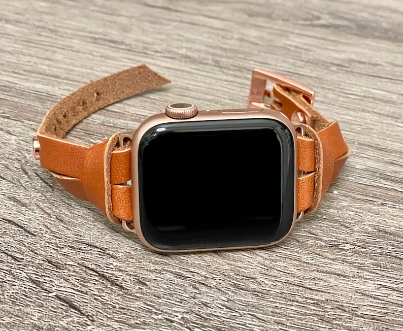 Slim Apple Watch Band for Women 9/8/7/SE Series, Rose Gold & Light Brown Leather iWatch Strap Bracelet, 38mm 40mm 41mm 42mm 44mm 45mm image 5