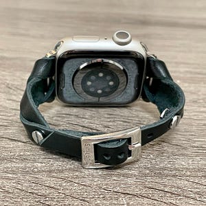 Black Leather Apple Watch Band 42mm 46mm 38mm 40mm 41mm 44mm 45mm Ultra, Slim Wrap Bracelet Silver Accents Women Strap Jewelry Gift for Her