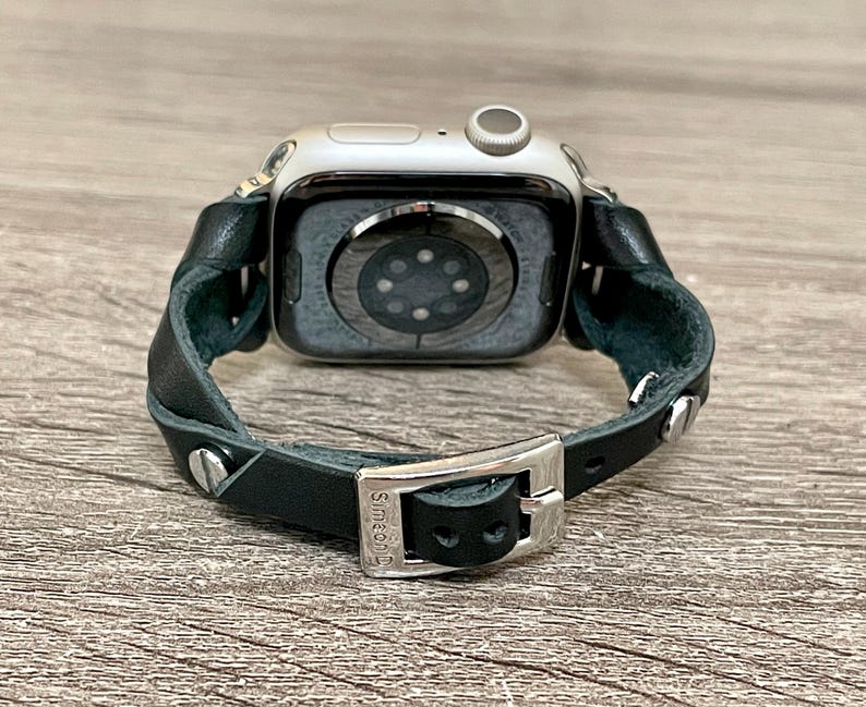 Black Leather Apple Watch Band 42mm 46mm 38mm 40mm 41mm 44mm 45mm Ultra, Slim Wrap Bracelet Silver Accents Women Strap Jewelry Gift for Her