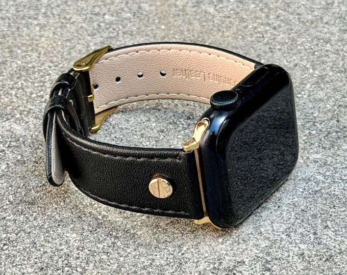 Black Leather Apple Watch Strap Gold Accents Band, Handmade Unisex Style Wristband, Adjustable