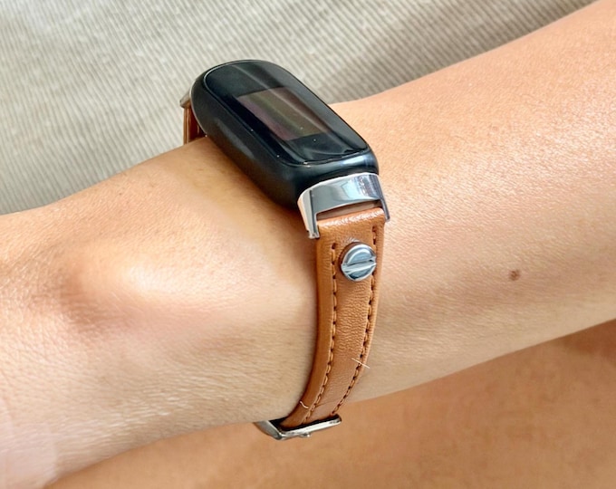 Light Brown Fitbit Luxe Band Slim Leather Strap Silver Adjustable Accessory