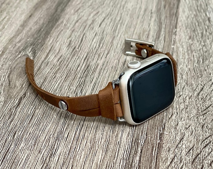 Slim Apple Watch Band - Rustic Leather Bracelet 42mm, 46mm, 45mm, 41mm, 38mm, 40mm, 49mm - Stylish Silver Accents Strap for Women
