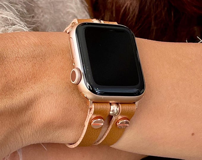 Double Straps Leather Apple Watch Band 42mm 46mm 49mm Rose Gold Bracelet