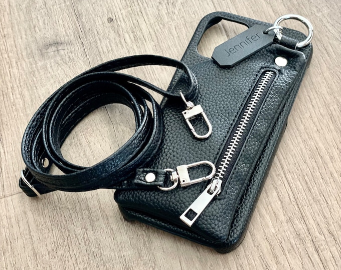 Personalized Crossbody Shoulder Strap Phone Case for iPhone 12/13/14/15/16 - Pro, Plus, Max - Custom Leather Case, Durable Zipper Wallet