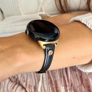 Correa fina de cuero negro para Google Pixel Watch, pulsera con detalles dorados - Series 4/3/2