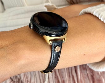 Black Leather Google Pixel Watch Band Slim Strap, Gold Accents Bracelet 41mm / 45mm
