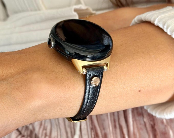Black Leather Google Pixel Watch Band Slim Strap, Gold Accents Bracelet - Series 4/3/2