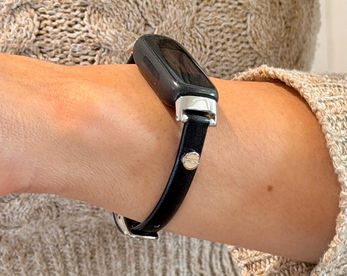 Slim Black Leather Fitbit Luxe Band Silver Accents Strap