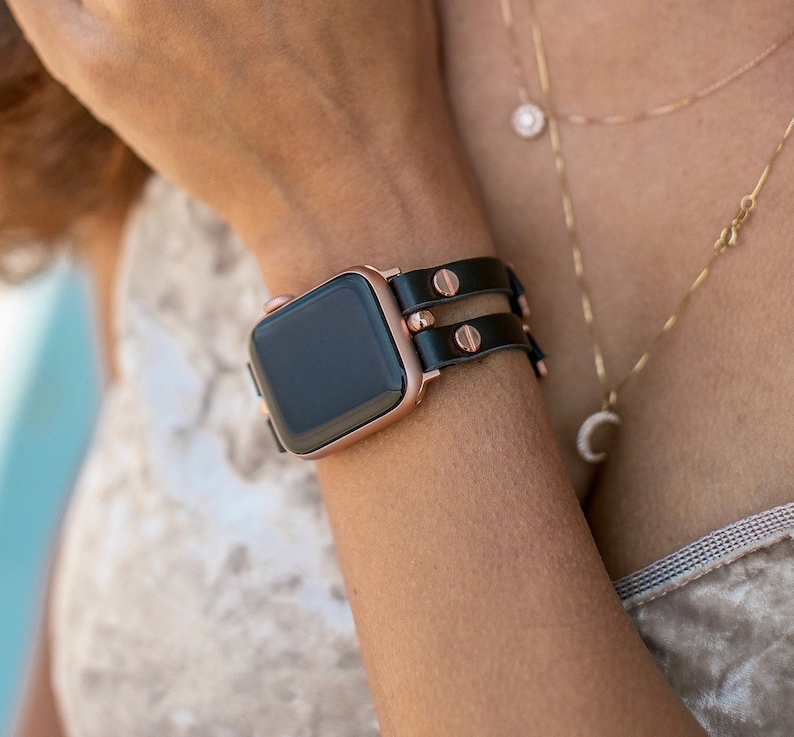 Rose Gold Apple Watch Band 38mm 40mm 41mm 42mm 44mm 45mm Leather Apple Watch Strap Bracelet Women iWatch Band Jewelry Apple Watch Wristband