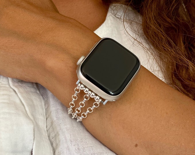 Women Apple Watch Sterling Silver Band Chain, Gift for Her Strap Jewelry, Formal Style Bracelet, 38mm 40mm 41mm 42mm 44mm 45mm 46mm Ultra 2