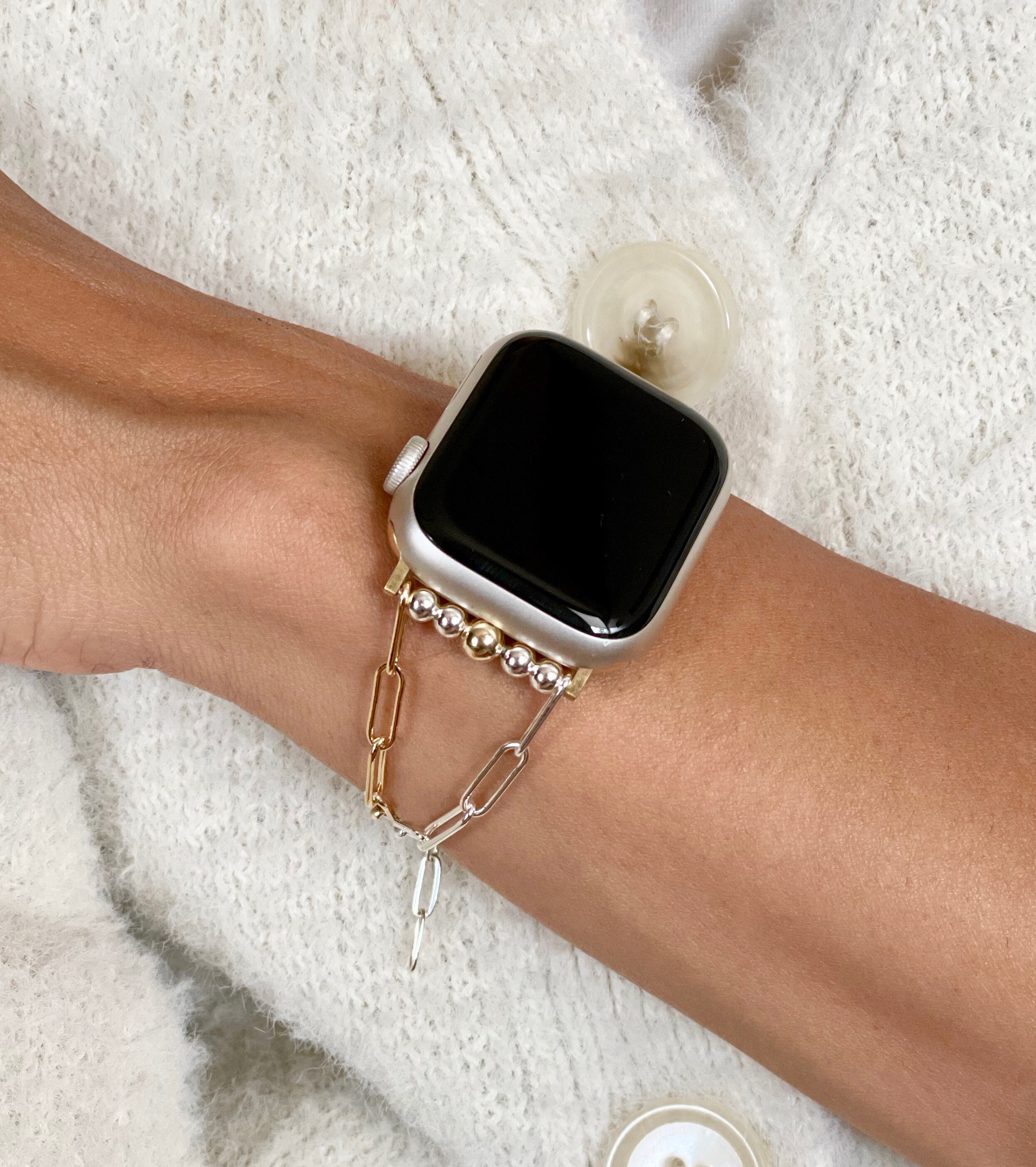 Two Toned 925 Silver & 14K Gold Filled Apple Watch Band, Paperclip Chain Watch Band, Women Apple