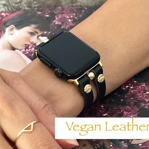 Black Vegan Leather Apple Watch Band: Gold Accent Adjustable iWatch Strap