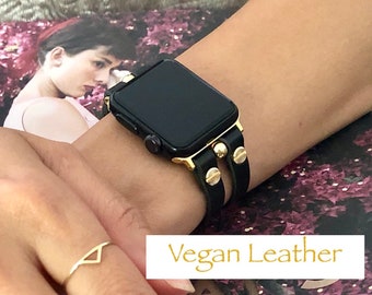 Black Vegan Leather Apple Watch Band: Gold Accent Adjustable iWatch Strap