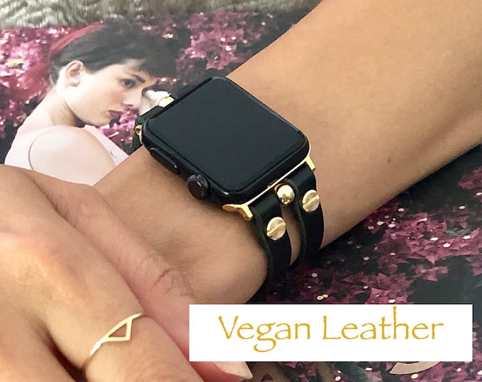 Black Vegan Leather Apple Watch Band 38mm 40mm 41mm 42mm 44mm 45mm Gold Apple Watch Strap Apple Watch Wristband Adjustable iWatch Bracelet