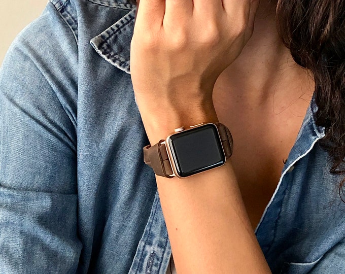 Apple Watch Band Rose Gold Rustic Brown Leather Bracelet 38mm 40mm 41mm 42mm 44mm 45mm iWatch Strap Women Apple Watch Slim Leather Wristband