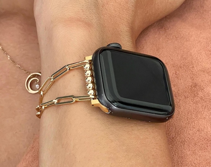 Luxury 14K Gold Filled Paperclip Chain Apple Watch Band, Adjustable Bracelet Strap, Dainty