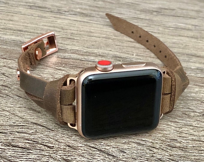 Rustic Brown Genuine Leather Apple Watch Band, Slim Women Strap with Rose Gold Accents